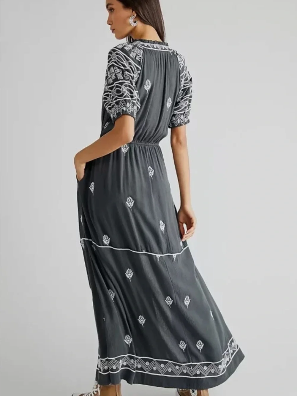 Free People Riley Embroidered Maxi Dress Gray Large Boho Tassel Pockets